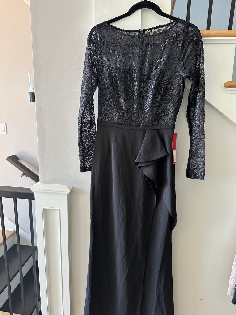 Carmen Marc Valvo Black Sequin Lace Long Sleeve Evening Gown NWT